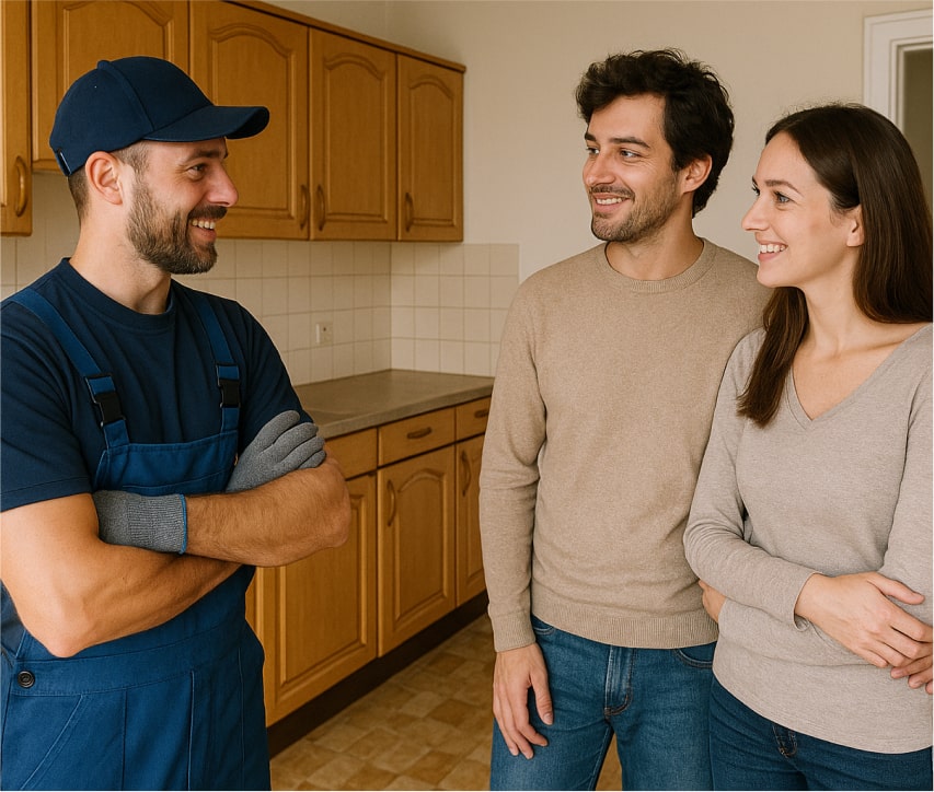 Ein Mann in Arbeitsoverall und Mütze bespricht mit einem lächelnden Paar in einer Küche mit Holzschränken und gefliesten Wänden die Möglichkeiten der Küchenentsorgung.