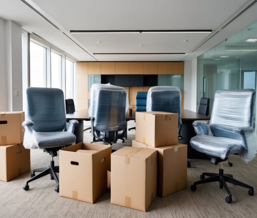 	
In Plastik eingewickelte Bürostühle und mehrere Pappkartons sind in einem Konferenzraum angeordnet, der einen laufenden Firmenumzug andeutet, mit großen Fenstern und einem Holzschrank im Hintergrund.