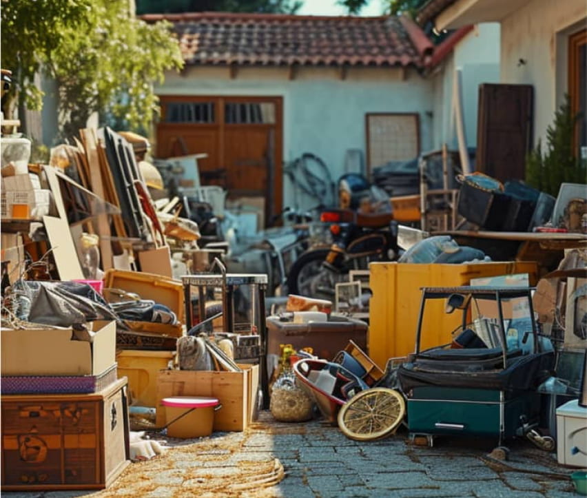 Ein Außenbereich, der mit verschiedenen Haushaltsgegenständen, Kisten, Möbeln und Gerümpel gefüllt ist, mit einem Haus und einer Garage im Hintergrund.