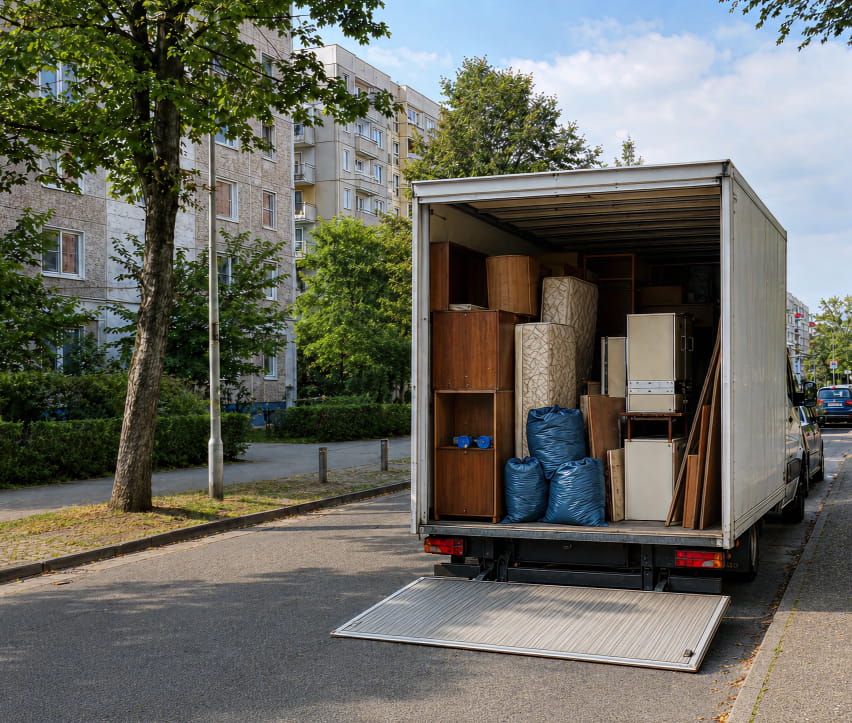 Ein Umzugswagen zur Entrümpelung steht auf einer Straße in Berlin-Marzahn, die Heckklappe geöffnet und mit Blick auf Möbel, Kartons und Haushaltsgegenstände frei, die ordentlich im Inneren verstaut waren.