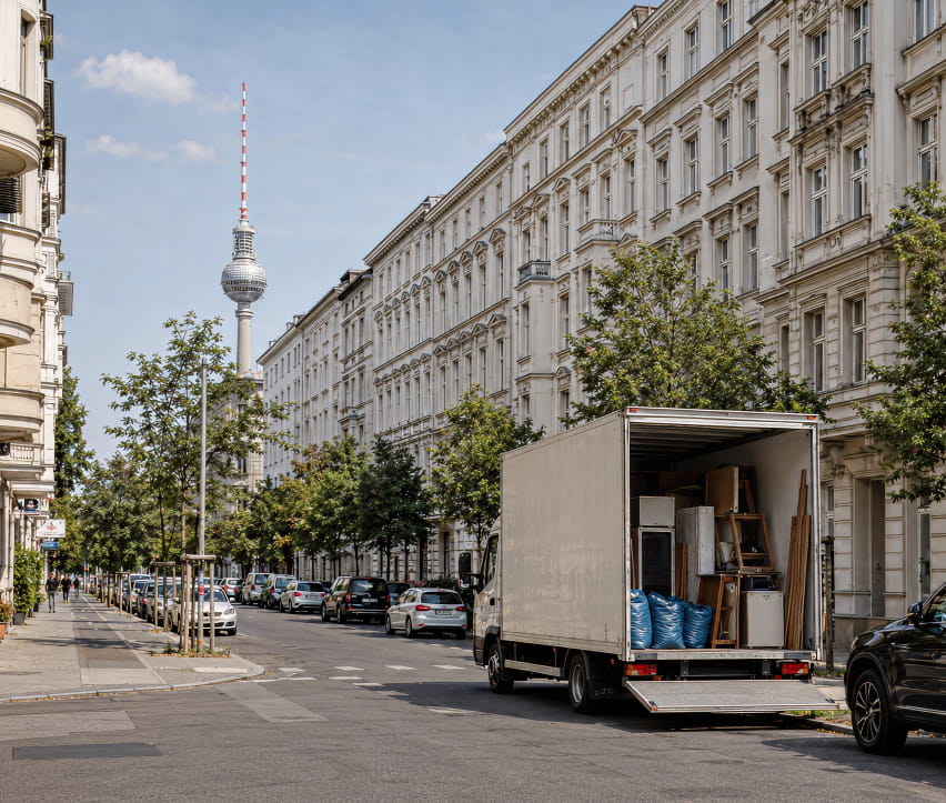 Ein Umzugswagen für eine Entrümpelung mit Möbeln und Kartons steht auf einer Straße in Berlin-Mitte, die von Autos und Wohnhäusern gesäumt ist; im Hintergrund ist der Berliner Fernsehturm zu sehen.
