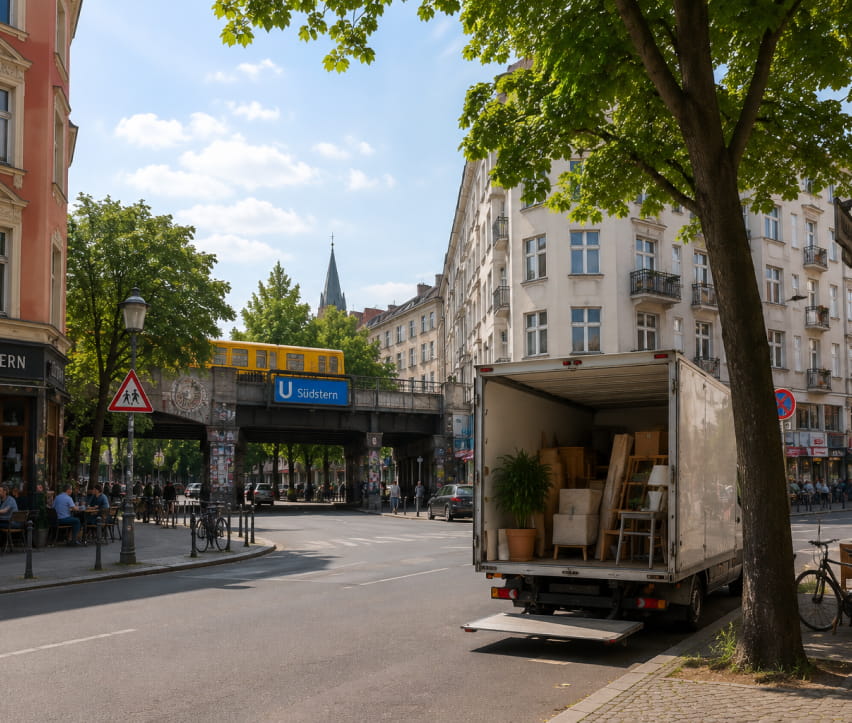 Ein Umzugswagen mit Möbeln und Kartons steht am Straßenrand der Haltestelle „U Südstern“ im Stadtviertel Neukölln in Berlin.