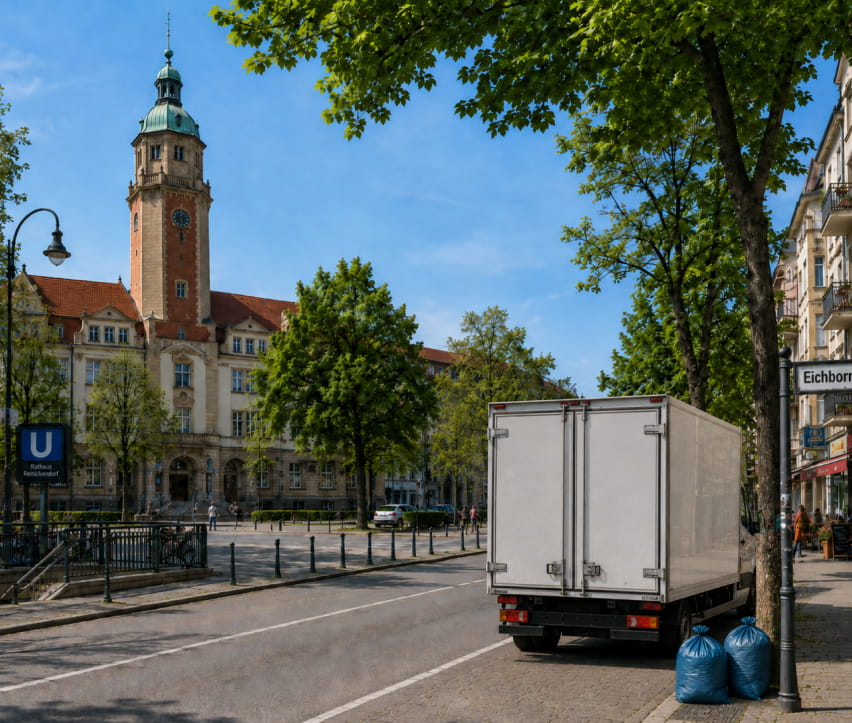 Ein weißer Lieferwagen steht auf einer Stadtstraße in der Nähe von blauen Müllsäcken in Berlin Reinickendorf, im Hintergrund sind ein historisches Gebäude und Bäume zu sehen. Ein U-Bahn-Schild und ein Straßenschild sind zu erkennen.